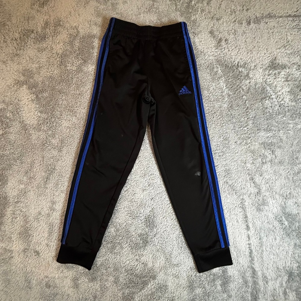 Adidas Youth Boys Track Pants Black Blue 3-Stripe Joggers Size 8 S Regular Fit